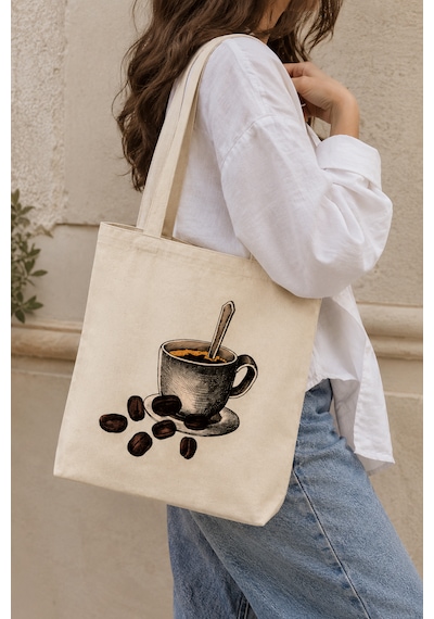 Lunora Collection Kahve Baskılı Körüklü Kanvas Bez Çanta Ham Renk