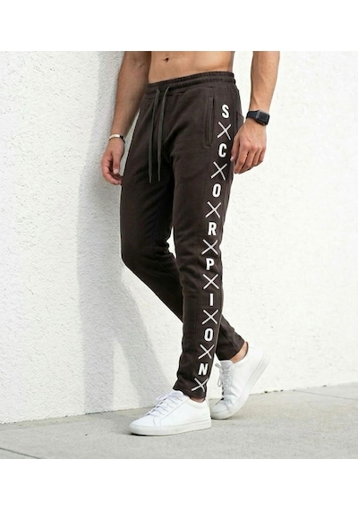 Plus Scorpion Erkek Slim Fit Eşofman Altı Yazılı Şerit Detaylı, Dar Paça Jogger Pantolon Kahverengi