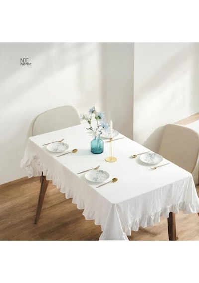 Dnc Home Tekstil  Premium Keten Beyaz Fırfırlı Masa Örtüsü 001