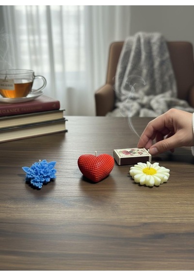 Mum Set 3lü Kırmızı Kalp - Papatya -leylak Hediyelik Özel Günlere Karışık/Çok Renkli