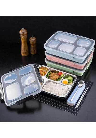 Vagonlife Bento 1600ml Lunchbox Tek Katlı 5 Bölmeli Çelik Sefer Tası Yemek Kutusu Açık Yeşil Diğer