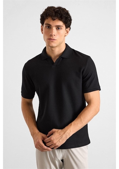 Süvari Siyah Regular Düz Baskısız Waffle V Pat Polo Yaka Tişört Sts1014000005-s09