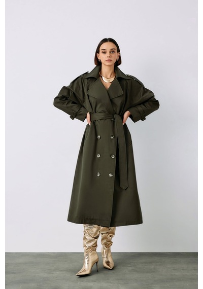 Sateen Toka Detaylı Trenç - Haki-138131