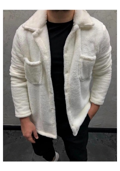 Unisex Ekru Düğme Detaylı Cepli Peluş Ceket Ekru