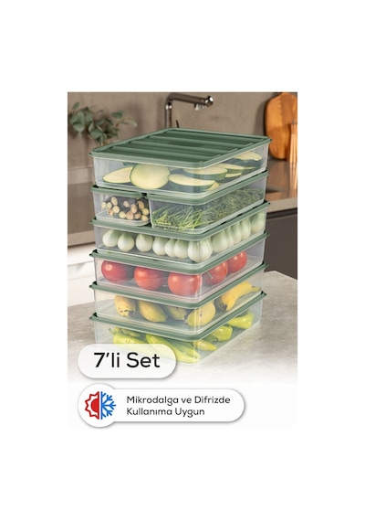Vienev 7li Buzdolabı Dondurucu Organizer Ve Saklama Kabı Yeşil 5x 3,5lt 2x 1,65lt Yeşil