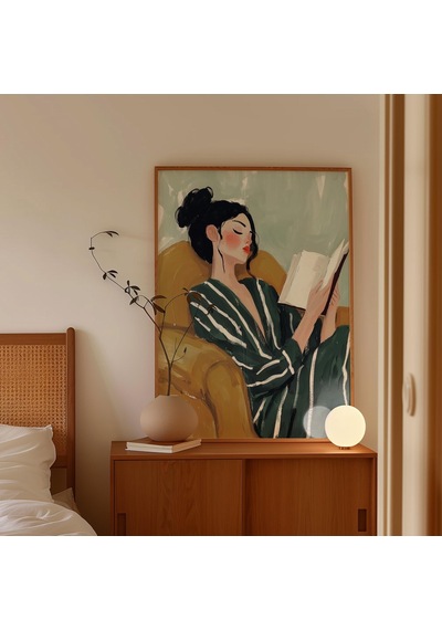 Kitap Okuyan Kadın Duvar Sanatı, Rahatlatıcı Kitap Sever Baskısı, Minimalist Kadın İllüstrasyonu, Modern Rahatlatıcı Sahne Sanat Eseri, Dijital İndirme