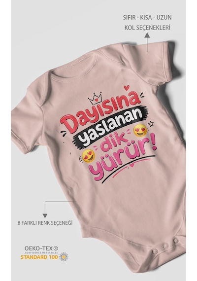 Morivokids Dayısına Yaslanan Dik Yürür Kısa Kollu Bebek Body %100 Pamuk Zbn255-kk Pastel Pembe