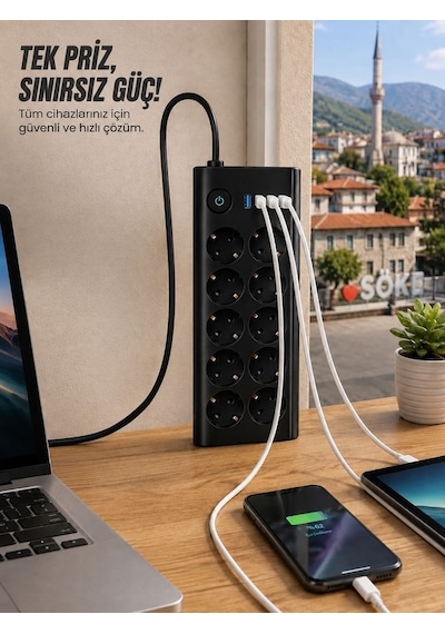 10'lu Priz, 3 Usb, 3.4 Amper, 1 Type-c Girişli 16a Akım Korumalı Uzatma Kablolu Priz Çoklayıcı 1 - 3 M