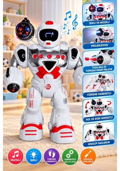Işıklı Müzikli Yürüyen Projeksiyonlu Hareketli Kol Ve Bacaklı Sökülüp Takılabilir Robot Oyuncak