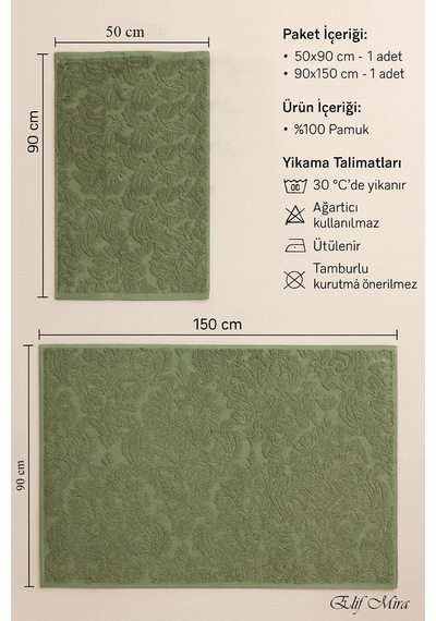 Banyo & Yüz Havlusu Seti %100 Pamuk 90x150 + 50x90 Cm Amorivy Yeşil