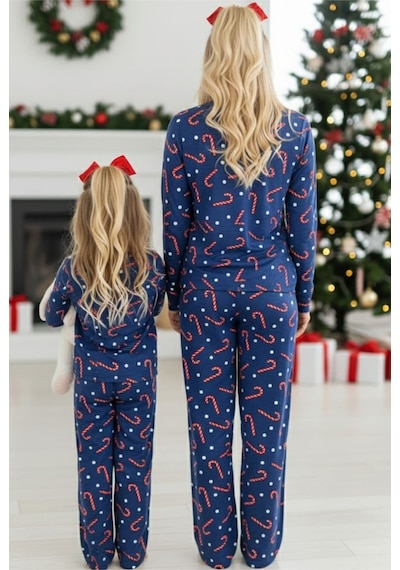 Siyah İnci %100 Pamuklu Şeker Baston Desenli Yılbaşı Temalı Örme Pijama Takım Lacivert Baston