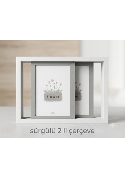 2 Li Kaydırmalı Bej Renkli Ahşap Çerçeve Dekor Fotoğraf Çerçevesi