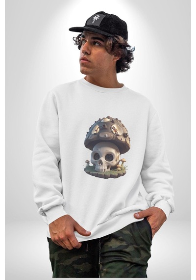 Kurukafa Mantar Ev Unisex Beyaz Baskılı Sweatshirt Beyaz