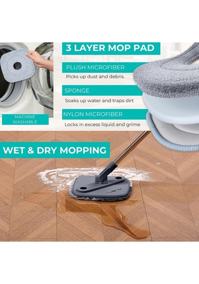 True Clean Paspas Ve Kova Sistemi, Kare Döndürmeli Paspas, Çift Bölmeli Paspas Kovası Ve 2 Kalın Makinede Yıkanabilir Paspas Pedleri Spin Mop İçerir