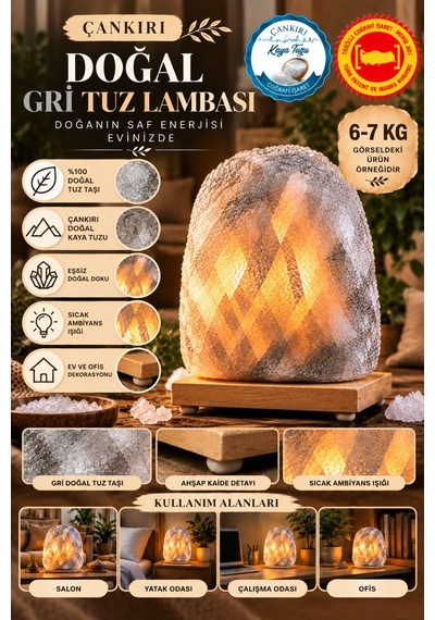 Çankırı 6-7 Kg Gri Doğal Kaya Tuzu Lambası Ahşap Kaideli Dekoratif Lamba