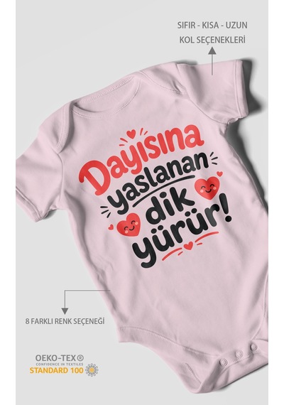 Morivokids Dayısına Yaslanan Dik Yürür Kısa Kollu Bebek Body %100 Pamuk Zbn254-kk Bebe Pembe