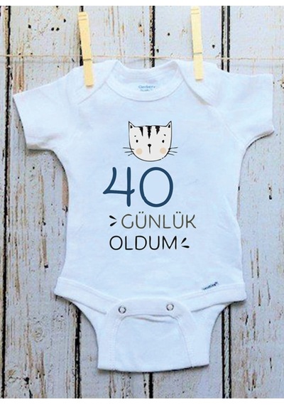Tuğbababy Baby 40 Günlük Oldum Baskılı Bebek Body Zıbın Kız Erkek Beyaz