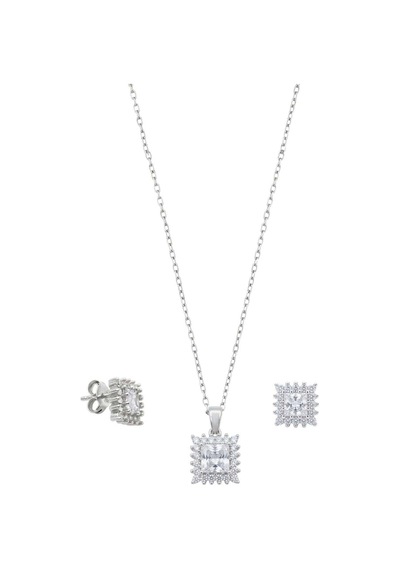 Oya Silver Kare Işıltılı Zirkon Tek Taşlı Gümüş Set Takım Oysy261