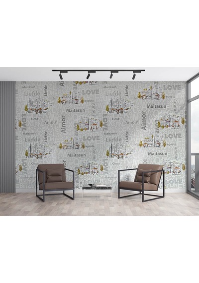 Kafe Harfli Şehirli Gri 16 M2 Duvar Kağıdı 10362-2 Çok Renkli