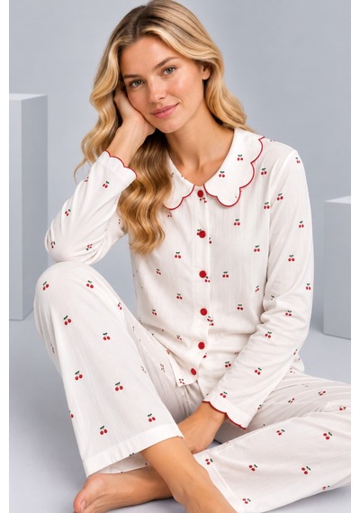 Pijamask Kadın Çiçek Desenli Bebe Yaka Düğmeli Uzun Kollu Müslin Pijama Takımı Beyaz