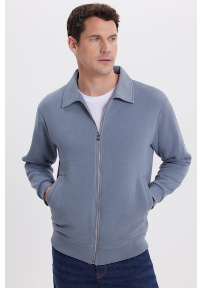 Tudors Unisex Relax Fit Rahat Kesim Pamuklu İç Polarlı Fermuarlı Gri Polo Yaka Flato Cepli Sweatshirt Hırka-41977 Gri