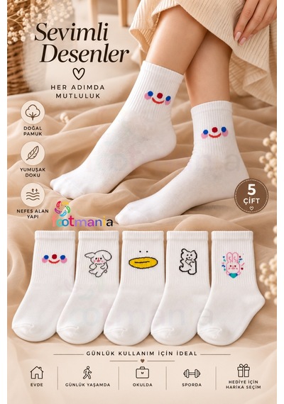 Footmania Kadın Sevimli Desenler 5 Çift Kolej Çorap Seti Beyaz