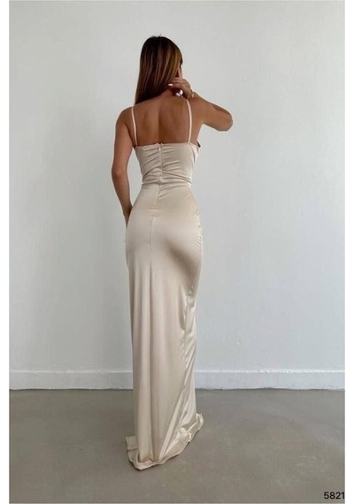 DefyModa Kadın Şık Model Saten Kumaş V Yaka Yırtmaçlı Askılı Abiye Elbise Bej