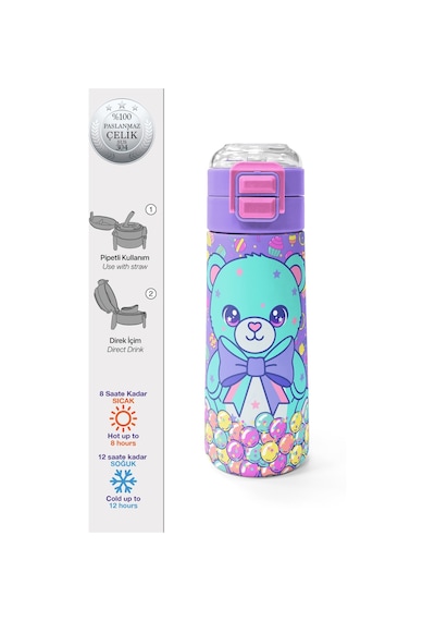 Coral High Kids Milka Şeker Ayıcık Desenli Pipetli Ve Direkt İçim Çelik Termos 500 Ml 38105 Su Yeşili