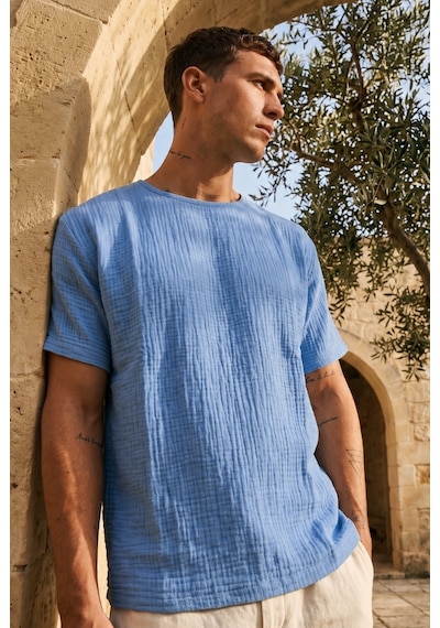 Combattente Exclusive Products Kısa Kol Oversize Müslin Erkek Tshirt - 2026 Erkek Tişört Kreasyonu Mavi