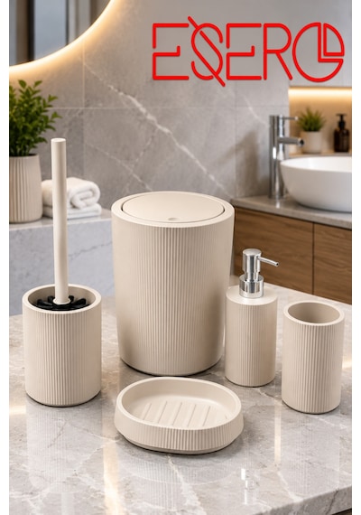 Esero 5'li Mat Krem Banyo Aksesuar Seti Çizgili Tasarım, Çöp Kovası, Wc Fırçası, Sıvı Sabunluk, Diş Fırçalık, Sabunluk