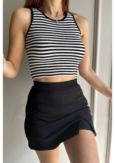 Trend Alisse Kadın Siyah Çizgili Halter Yaka Fitilli Crop Bluz Çizgili