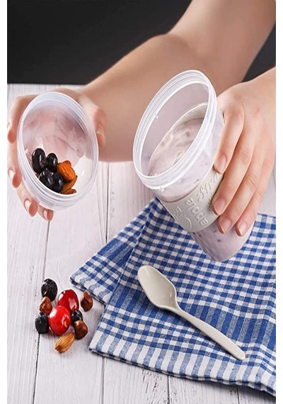 Beyaz Take N Go Kaşıklı Hazneli Meyveli Yoğurt Kabı Piknik Atıştırmalık Müsli Granola Süt Bardak