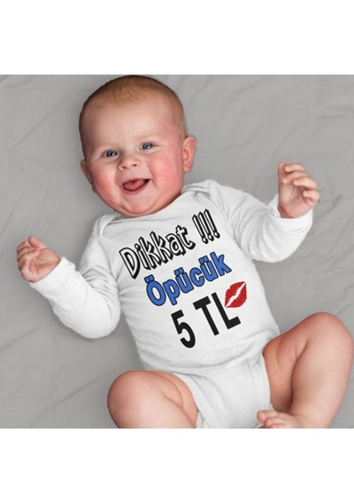 İmaj Tuğbababy Dikkat Öpücük 5 Tl Yazılı Bebek Zıbını Body Beyaz