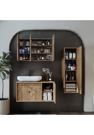 Oval Lavabolu Mdf 90 Cm Çekmeceli Banyo Dolap + Aynalı Dlp Atl Atlantik Çam