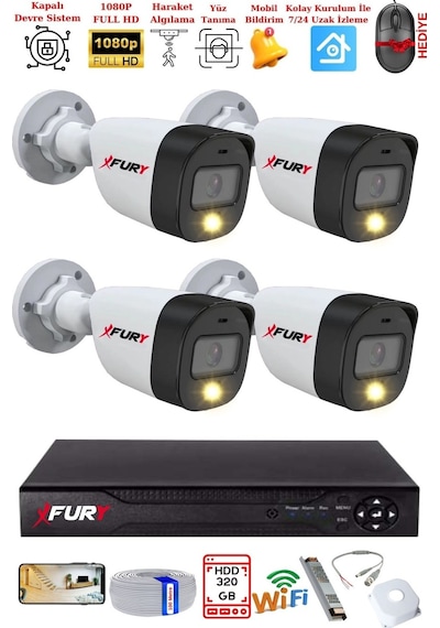 Fury 4 Kameralı 5mp Lens 2 Mp Görüntü Gece Renkli Full Hd Ultra Led Akıllı Güvenlik Kamerası Seti 320gb