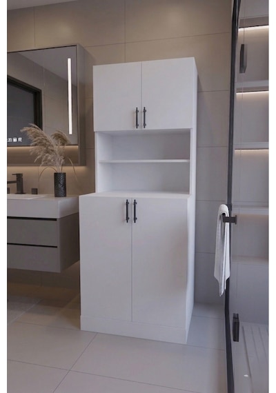 Leylak Çamaşır Makinesi Dolabı Çok Amaçlı Kapaklı Banyo Dolabı Çamaşır Odası Dolabı Beyaz
