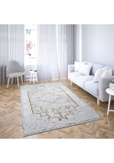 Nostalji Seri Gold Klasik Motifli Altı Kaymaz Makine Dokuma Halı 13418-836 Beyaz