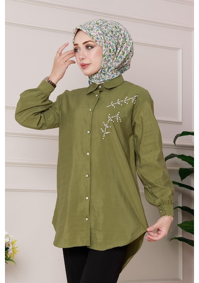 Sevitli Önü İnci Taş İşlemeli Tunik-yeşil-4796 Yeşil