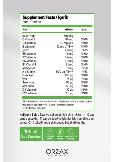 Multi Multivitamin Multimineral + Omega3 Balık Yağlı, Ballı Portakal Aromalı Şurup 150 Ml