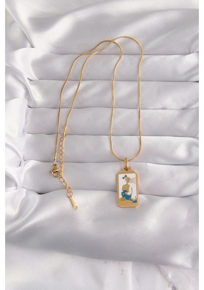 316l Çelik Gold Renk Beyaz Mineli Kız Figür Tarot Kolye Altin