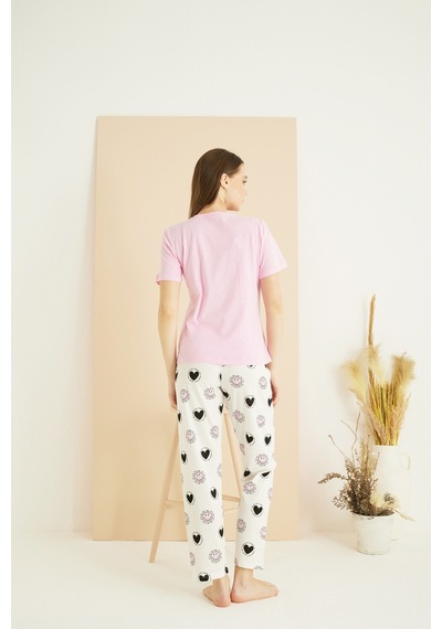 Siyah İnci Pamuklu Bisiklet Yaka Örme Pijama Takım25107127 Pembe