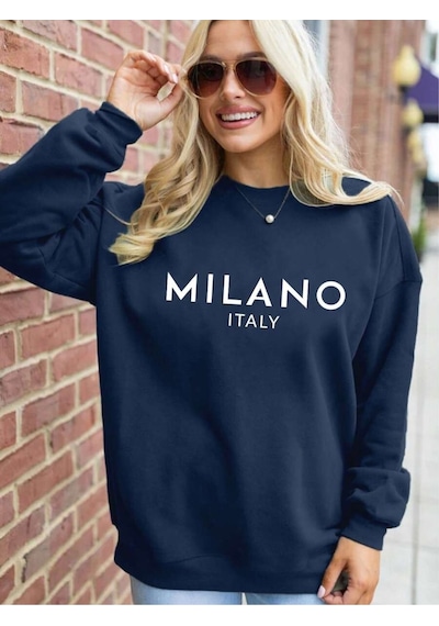 Uyguntarz Milano Baskılı Oversize Sweatshirt Lacivert