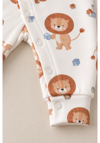 Luppinos Soft Dream Geniş Kalıp %100 Pamuk Aslan Baskılı Çıtçıtlı Tulum Beyaz