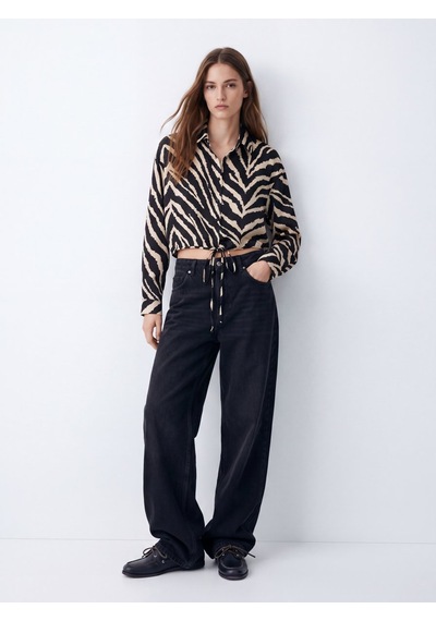 LTB Regular Fit Zebra Desinli Beli Bağlamalı Siyah Gömlek