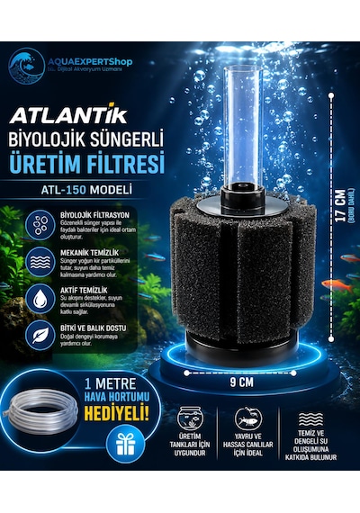 Atlantik Biyolojik Süngerli Üretim Filtresi - Temizlik Filtresi - Pipo Filtre - Aktif Temizlik - . 17x Cm - 1 Metre Hava Hortumu Hediye