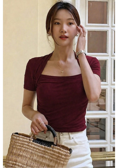 Kadın Haki Kuğu Yaka Slim Kısa Kollu Fit Crop Bluz Bordo