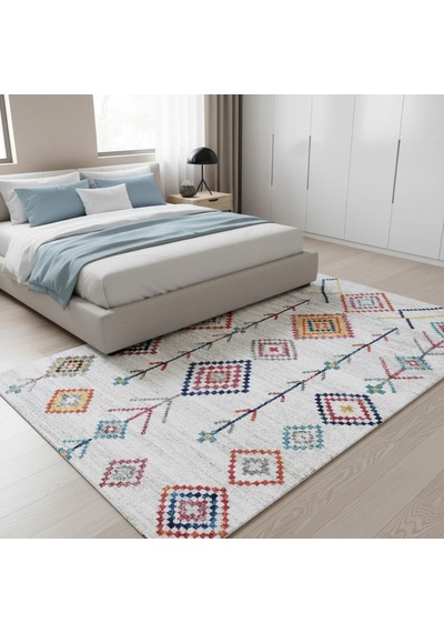 Krem Ve Çok Renkli Boho Motifli Otantik Dijital Baskı Halı Kaymaz Tabanlı, Geometrik Desenli Taban