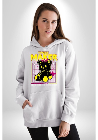 Baş Belası Teddy Kadın Erkek Beyaz Kapüşonlu Sweatshirt Hoodie Beyaz