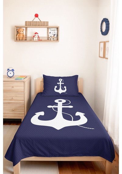 Lacivert Marine Çapa Genç Odası Tek Kişilik Pike Takımı - Nautical 160x220 Cm Kapitone Yatak Örtüsü Eski Doku Katmanı