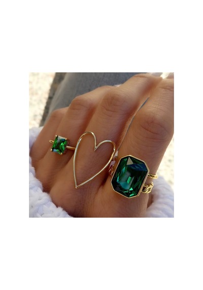 Romance Gold Altın Renkli Siyah Taşlı Vintage Bohem 3 Parça 3'lü Yüzük Seti Kırmızı - Mavi